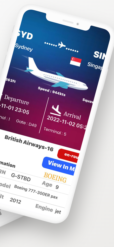 Flight Tracker Live Radar - 携帯電話のマップにシドニーからシンガポールへのルートが表示されている詳細なフライト情報画面