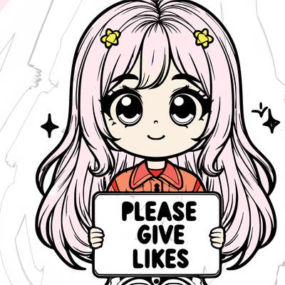 realistic cute girl holding a sign that says “please give likes”