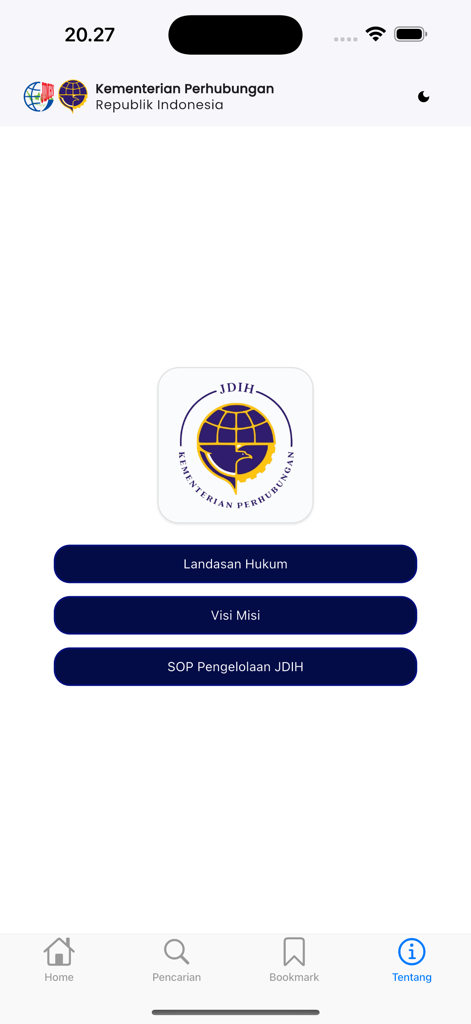 JDIH Kemenhub RI - About screen of the JDIH Kemenhub RI app showing the Indonesian Ministry of Transportation logo and navigation buttons for vision mission and legal basis
