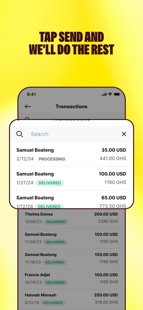 Sendwave Send & Transfer Money - Pantalla del historial de transacciones de la aplicación Sendwave que muestra transferencias de dinero internacionales con estados de procesamiento y entregado