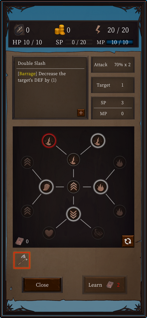 Ax RPG II - Écran de sélection de compétences d'Ax RPG II montrant la capacité Double Tranchant et son arbre de compétences tactiques