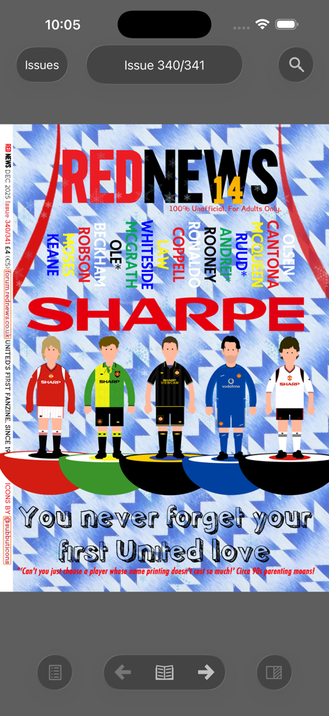 Red News Fanzine - Couverture numérique du fanzine Red News présentant des joueurs de Manchester United illustrés dans des maillots vintage et le titre Sharpe