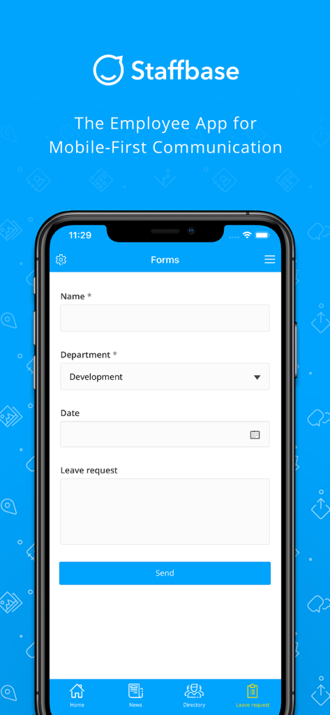 Staffbase Employee App - Interfaz móvil de la App de Empleados Staffbase mostrando un formulario digital de solicitud de ausencia para trabajadores sin escritorio