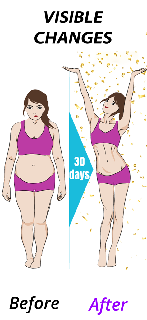 Home Workout-Fitness for Women - Before and after illustration showing a woman weight loss transformation after 30 days