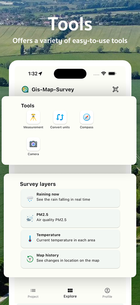 Area Measure & GIS GPS GMapper - Interface of GMapper app showing land measurement tools and environmental survey layers over an aerial field view