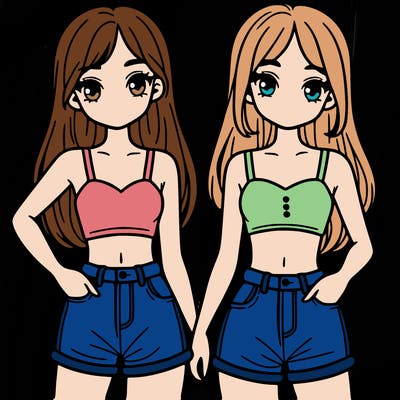 two sisters with crop tops and jean shorts and straight hair