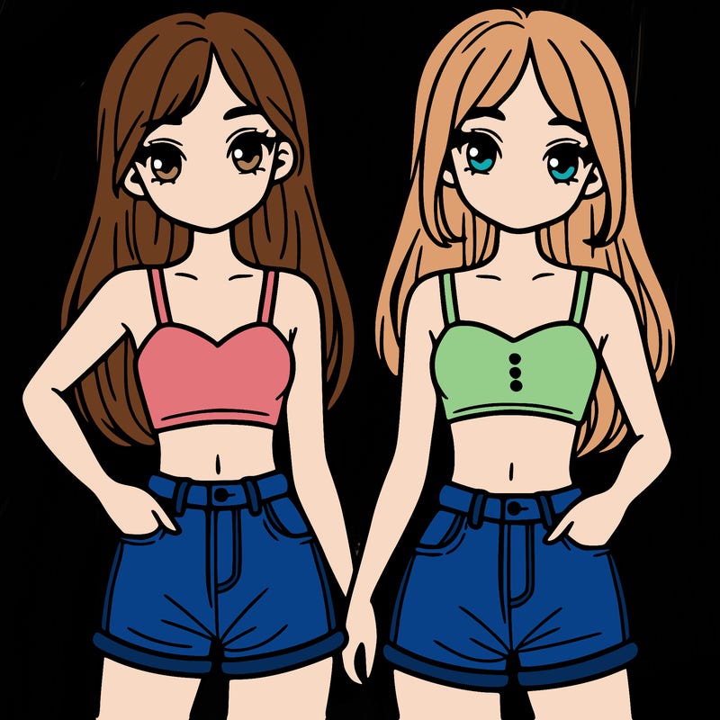 two sisters with crop tops and jean shorts and straight hair