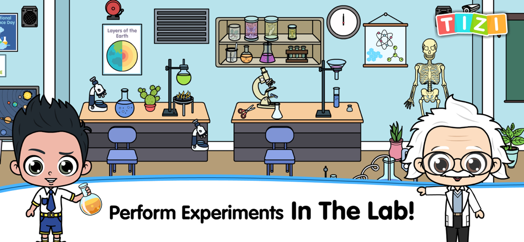 My Tizi School Cafe World Game - A student and a scientist character in a colorful science laboratory within My Tizi School Cafe World Game.