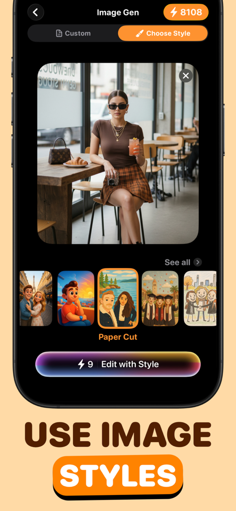 Virario: AI Video Generator - Interface do aplicativo Virario mostrando vários estilos artísticos de IA para edição de fotos