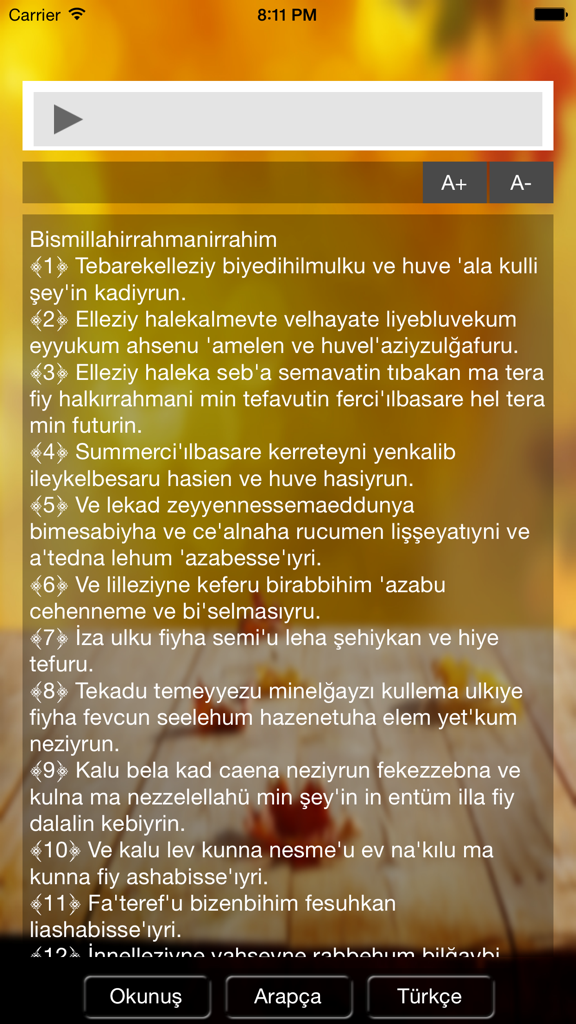 Tebareke Suresi - Interface of the Tebareke Suresi app showing the Turkish pronunciation of the Surah with audio controls