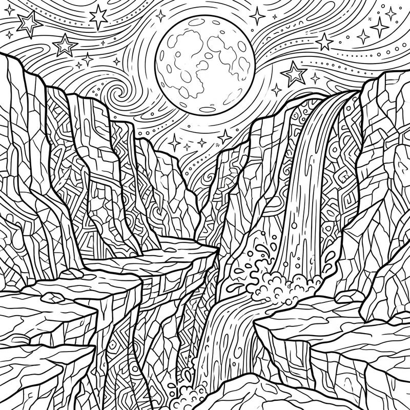 Dive into a breathtaking night scene featuring an intricate chasm and a cascading waterfall, all under the glow of a full moon and twinkling stars. This detailed adult coloring page offers a serene escape, inviting you to add your unique palette to its mesmerizing depths.