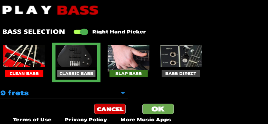 Play Bass: Real Bass Simulator - Instrument selection menu in the Play Bass app featuring Clean, Classic, Slap and Direct bass guitar options.