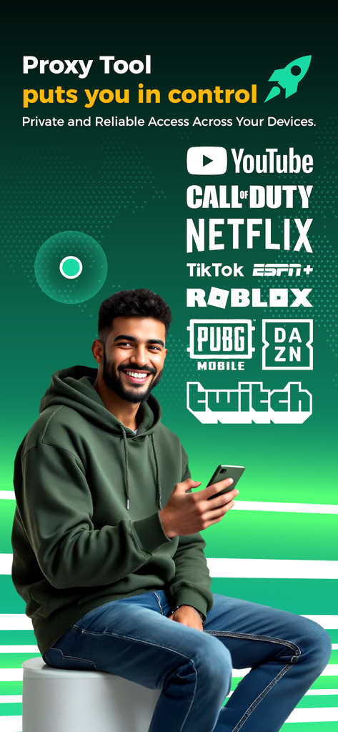 A man using his smartphone with BOOST VPN to access popular apps like Netflix YouTube and Call of Duty