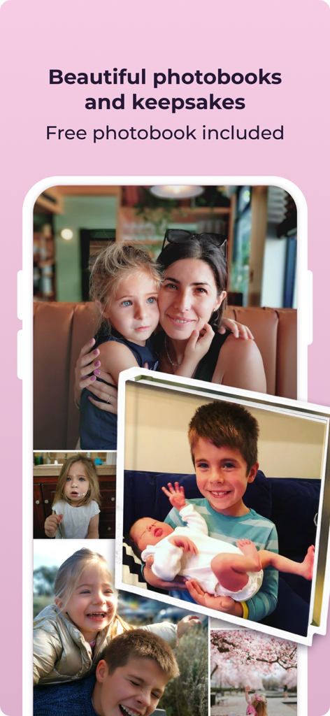 Firsties: Family Photo Sharing - A phone display showing a collage of family memories and a physical photobook with the text beautiful photobooks and keepsakes