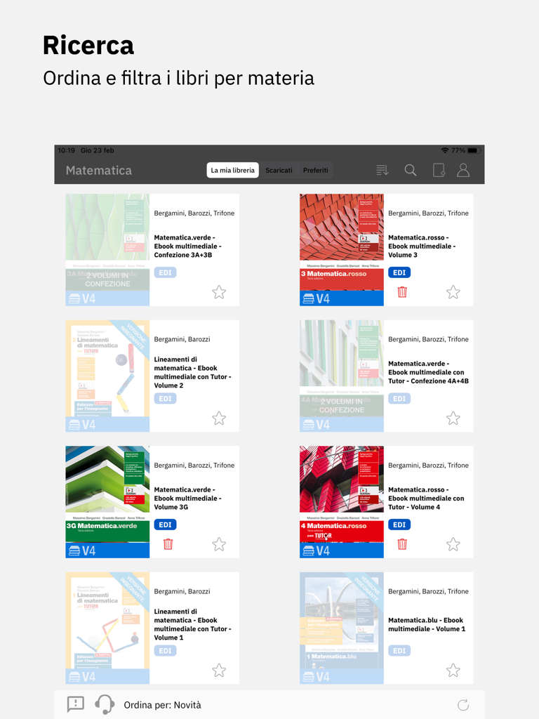 Booktab - La interfaz de la aplicación Booktab que muestra una biblioteca digital de libros de texto italianos de matemáticas con funciones de búsqueda y clasificación.