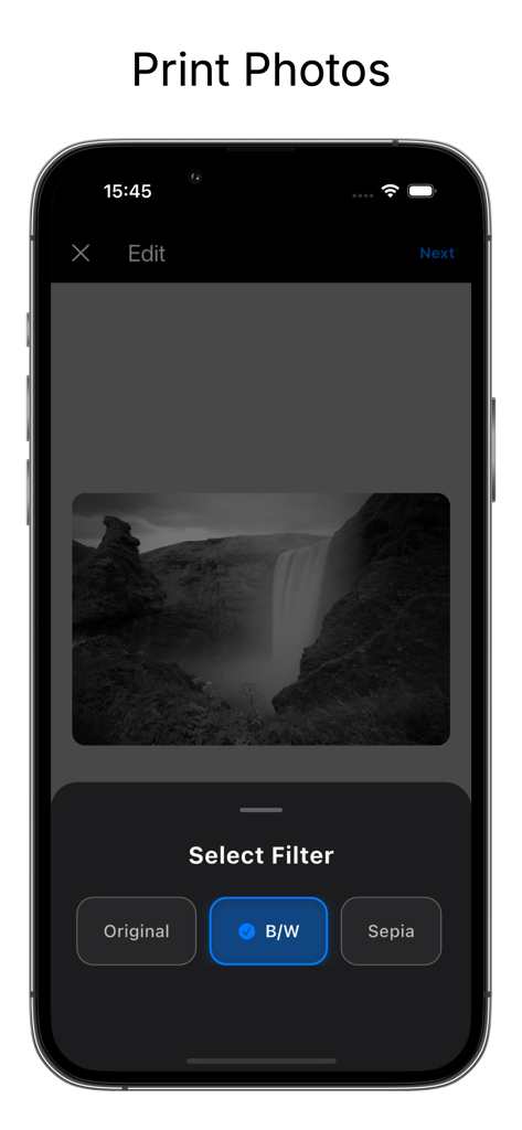 PrintStream: WiFi Printer App - Interface of the PrintStream app showing a black and white filter being applied to a photo of a waterfall before printing