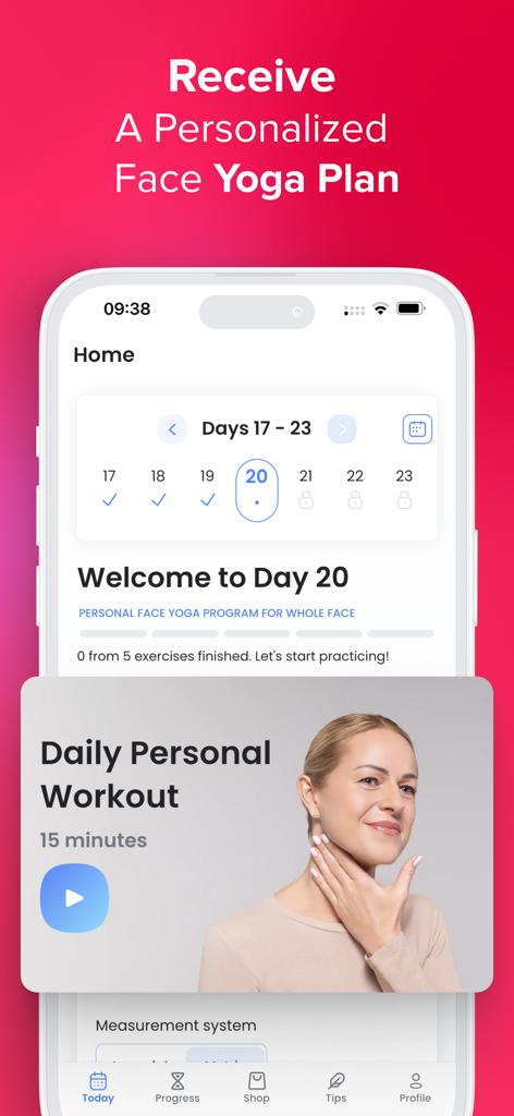 Face Yoga: Facial Exercises - Smartphone screen showing a personalized daily face yoga workout plan and progress calendar
