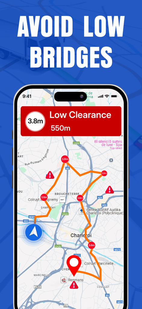 Truck Maps GPS app showing a low clearance warning and a safe route for truck drivers to avoid bridges