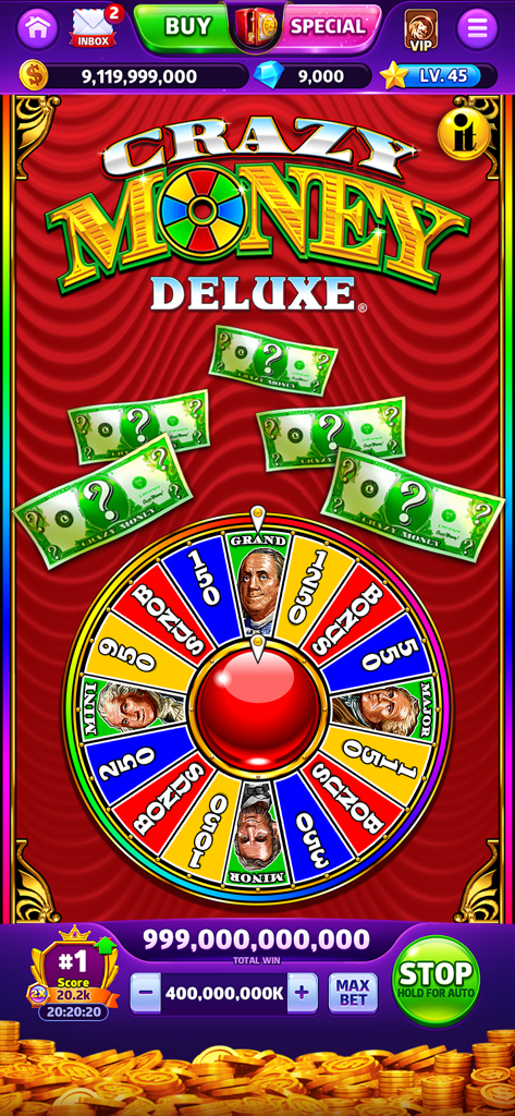 Cash Rally - Slots Casino Game - Crazy Money Deluxe slot game feature showing a bonus prize wheel and a multi-billion coin jackpot win.