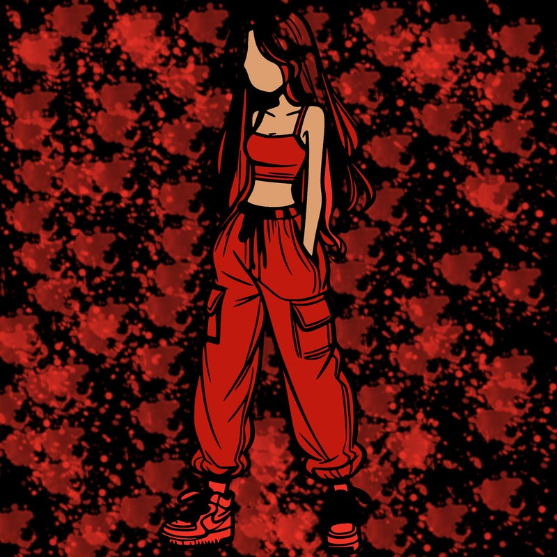 girl in baggy pants crop top and long hair