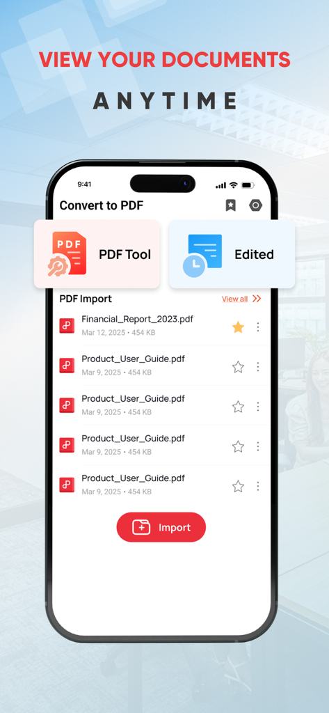Fast PDF Reader & Converter - The Fast PDF Reader app interface showing a list of saved PDF documents including reports and guides.