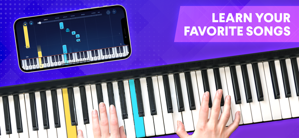 A person playing a keyboard while following a visual piano tutorial on a smartphone app