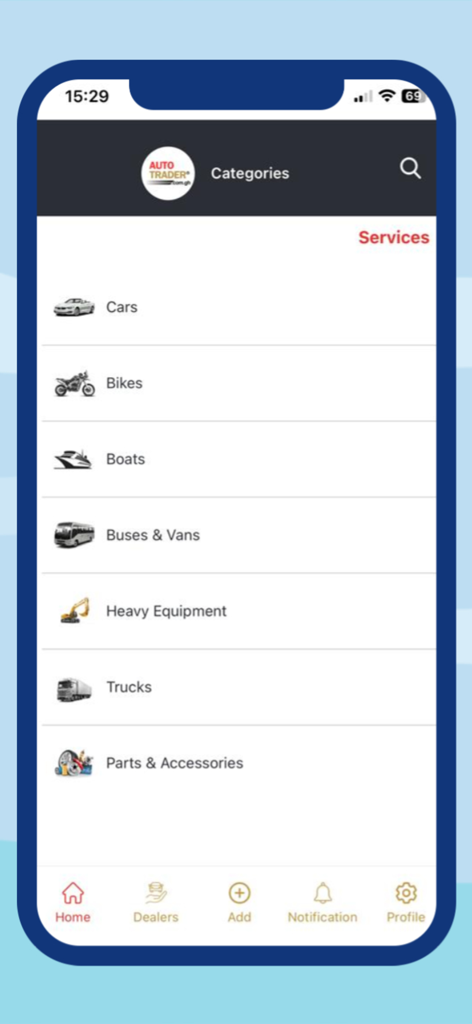 Autotrader gh - A list of vehicle categories in the Autotrader Ghana app including cars, bikes, boats, and trucks