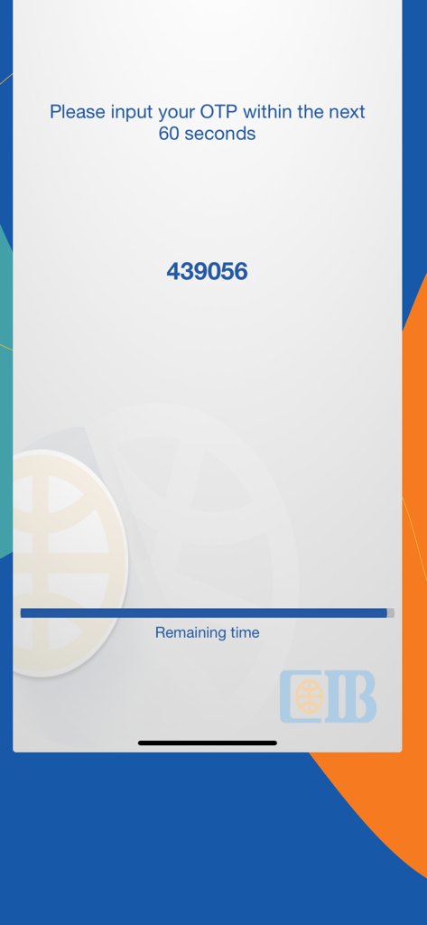 CIB OTP Token - The CIB OTP Token mobile app interface displaying a six-digit one-time passcode with a progress bar for the remaining time.