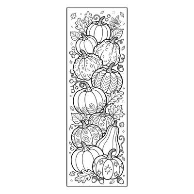 Celebrate the beauty of autumn with this intricate mini pumpkin bookmark. Adorned with various gourds, leaves, and acorns, it's perfect for a relaxing coloring session.