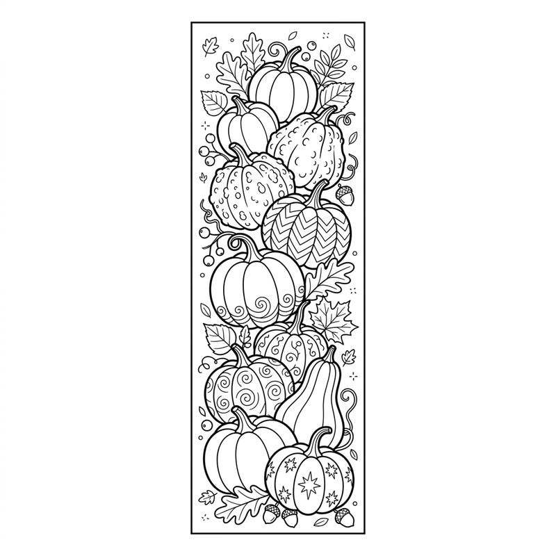Celebrate the beauty of autumn with this intricate mini pumpkin bookmark. Adorned with various gourds, leaves, and acorns, it's perfect for a relaxing coloring session.
