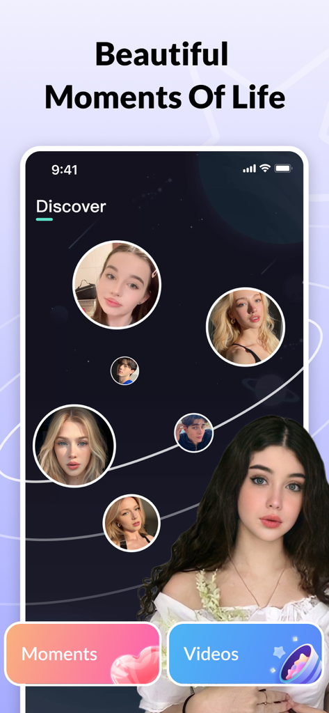 andu - User discovery interface of the Andu app with profile photos on a cosmic background and navigation buttons for moments and videos
