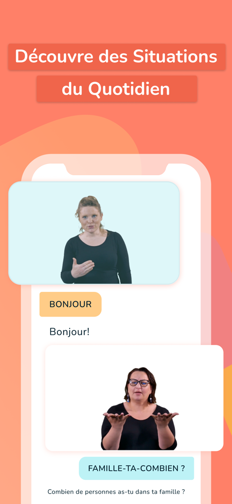 Pause LSF - Langue des Signes - Interfaz de aplicación móvil que muestra lecciones en video para conversaciones diarias en lenguaje de signos francés