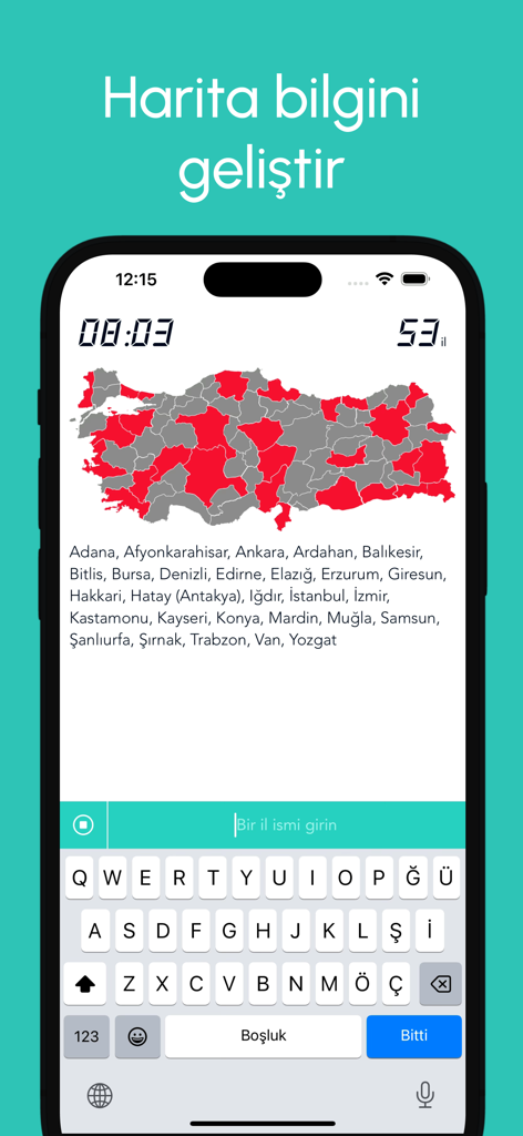 Harita Oyunu: 81 İl Tahmin Et - A mobile phone screen showing a geography quiz game with a map of Turkey and a list of identified provinces