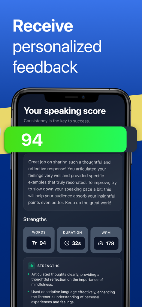Radiant: Speaking Challenges - Mobile app interface showing a speaking score of 94 and detailed verbal feedback analysis.