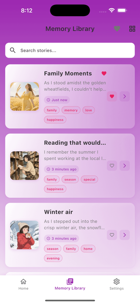 Vetto - Interface of the Vetto app showing the Memory Library with AI-generated stories based on photos