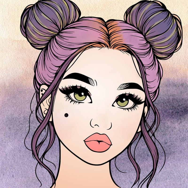realistic girl with two buns on her hair and lips