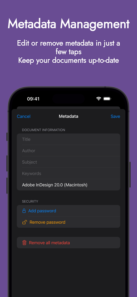 Local PDF - Interfaccia dell'app Local PDF per la modifica dei metadati del documento e delle impostazioni di sicurezza