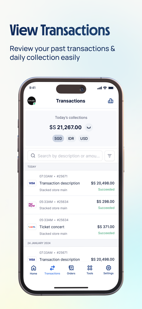 HitPay - 取引履歴と毎日の売上合計を表示するHitPayモバイルアプリ画面