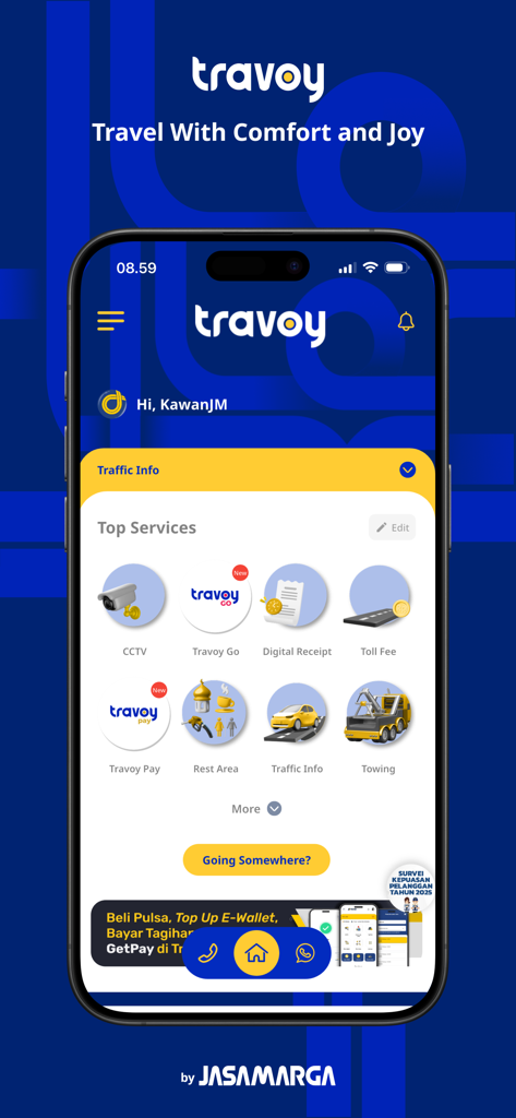 Dashboard of the Travoy mobile app showing services like toll fees, CCTV, and traffic info