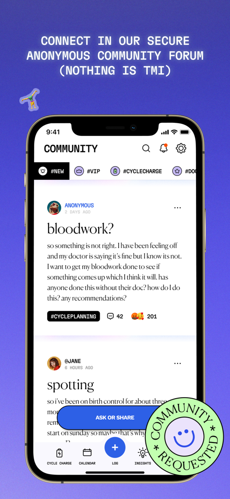 Pantalla del foro comunitario anónimo de la aplicación Aavia que muestra publicaciones de usuarios sobre salud hormonal y síntomas.