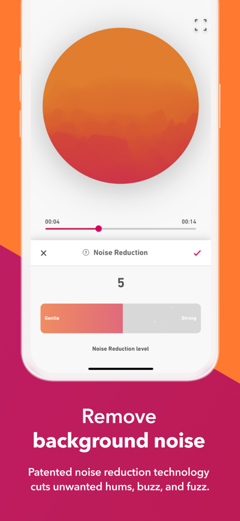 Interface of the Dolby On app showing a noise reduction slider for audio and video recording