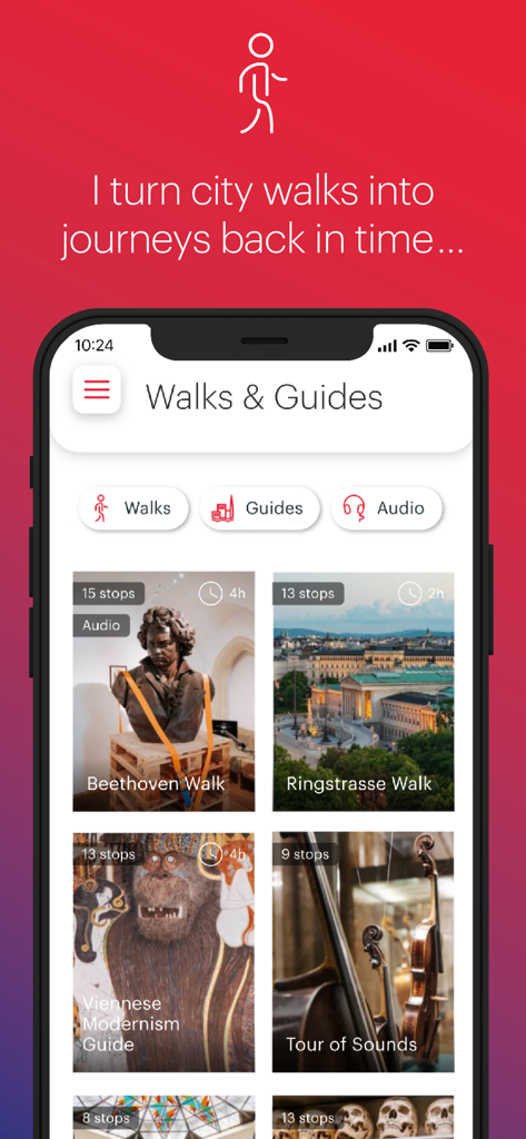ivie – Official Vienna Guide - A mobile interface of the ivie app showing themed city walks and audio guides in Vienna