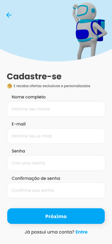 Findnow - Registration screen for the Findnow super app featuring a sign up form and the virtual assistant character.