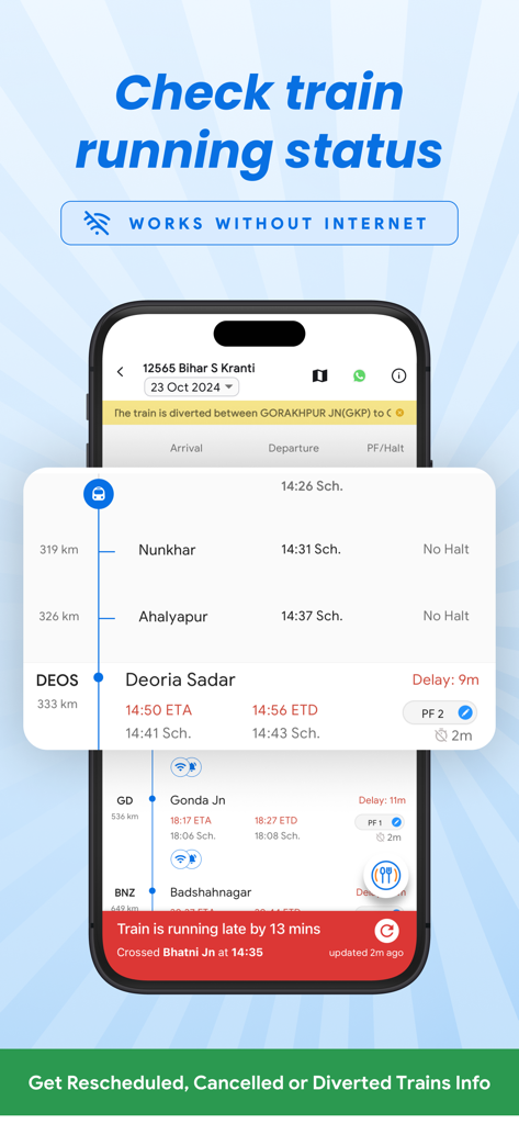 ixigo Trains: Ticket Booking - ixigo app interface showing live train running status with offline tracking feature