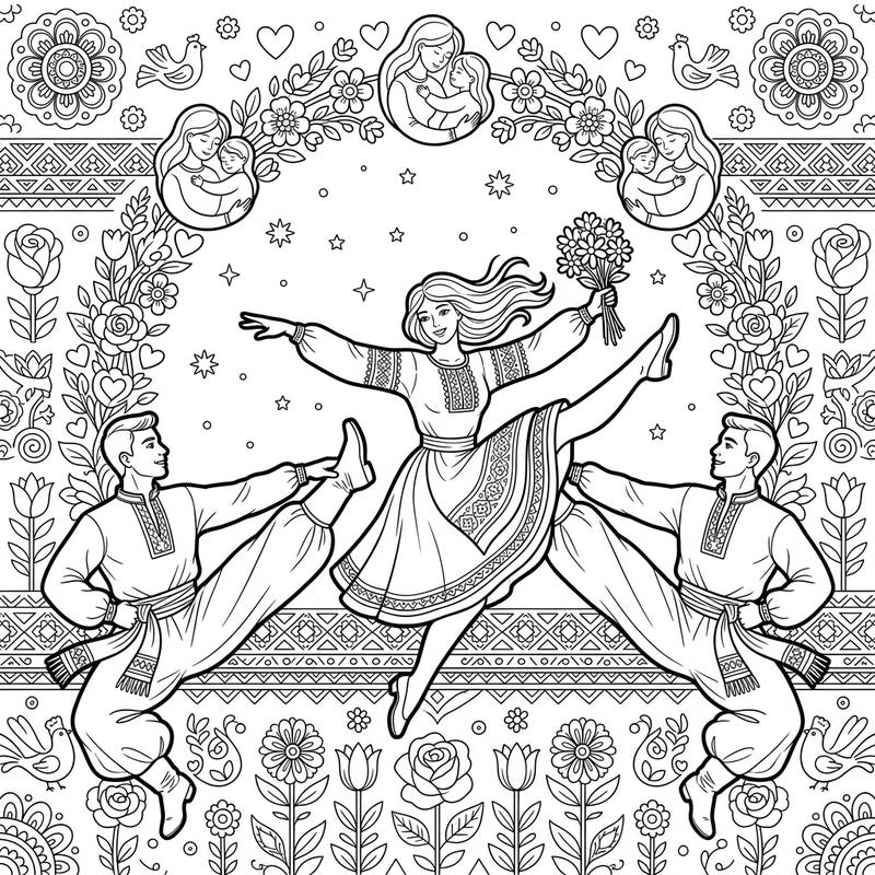 Immerse yourself in the vibrant energy of a Cossack Dance, beautifully interwoven with heartwarming Mother's Day themes. This unique coloring page features dynamic dancers amidst a floral arch and tender mother-child vignettes, perfect for a joyful creative session.