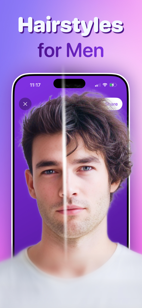 HairLab: Hair Cut Filter Color - La aplicación HairLab muestra la prueba virtual de peinados para hombres con comparación de antes y después