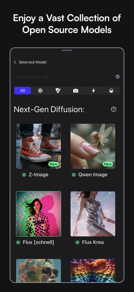 Sogni - AI Art Generator - Sogni app interface showing a selection of open source AI models including Flux and Qwen Image for art generation.