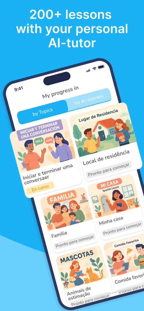 AI Spanish Minute - AI Spanish Minuteアプリのインターフェース。家族やペットなど、さまざまなイラスト付き学習トピックが表示されています