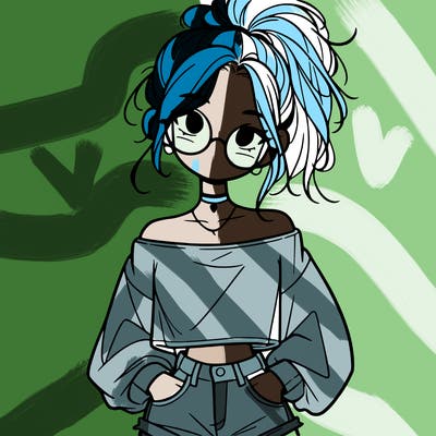 girl with a messy ponytail glasses a baggy crop top and jean shorts