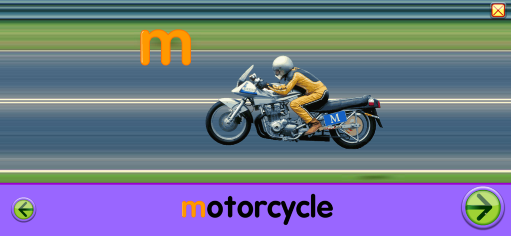 Tela educacional mostrando a letra m e a palavra 'motorcycle' com um motociclista em corrida